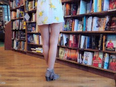 Exhibitionist wife flashing pussy in library & stares at  gif